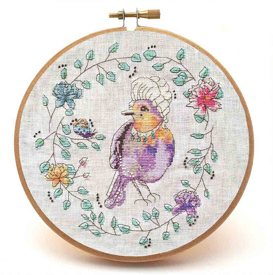 A stitched preview of the counted cross stitch pattern Marie LaTweetonette by Peacock & Fig
