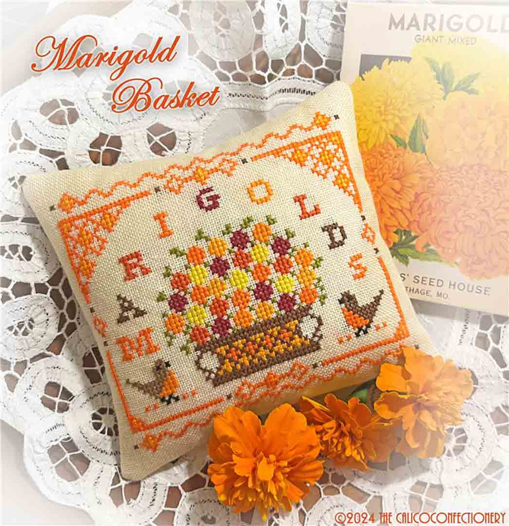 A stitched preview of the counted cross stitch pattern Marigold Basket by The Calico Confectionery