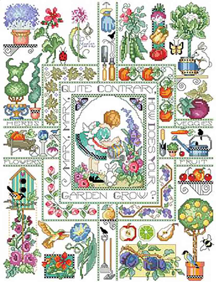A stitched preview of the counted cross stitch pattern Mary, Mary, Quite Contrary by Kooler Design Studio