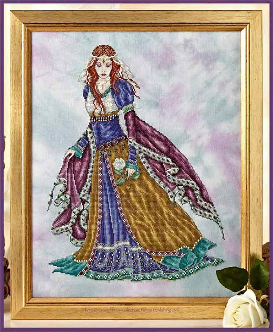 A stitched preview of the counted cross stitch pattern Medieval Maiden by Joan A Elliott