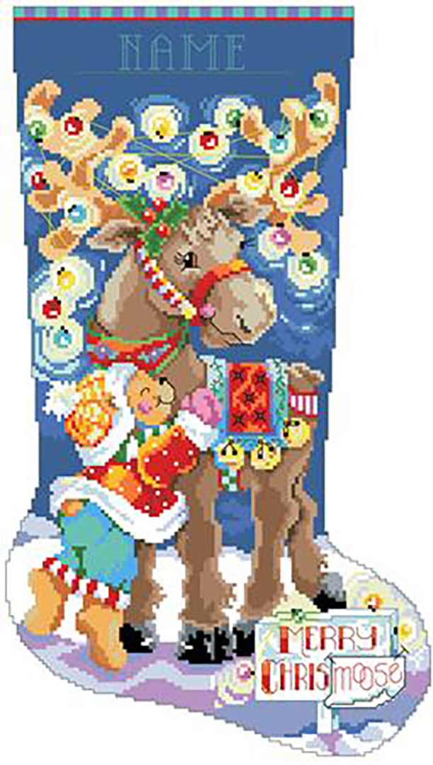A stitched preview of the counted cross stitch pattern Merry Chrismoose Stocking by Kooler Design Studio
