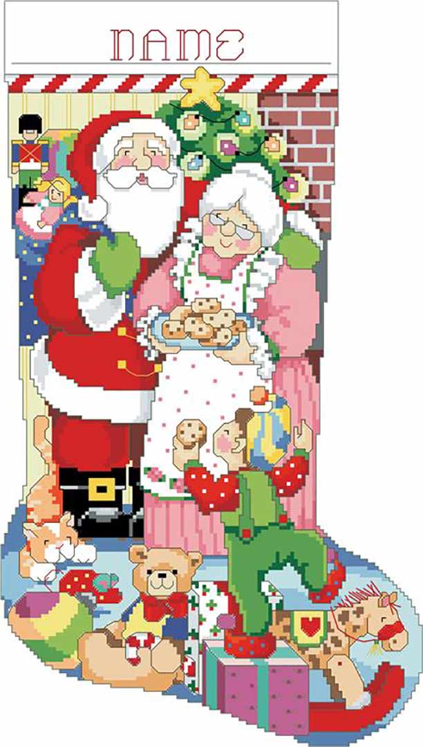 A stitched preview of the counted cross stitch pattern Merry Christmas Couple Stocking by Kooler Design Studio