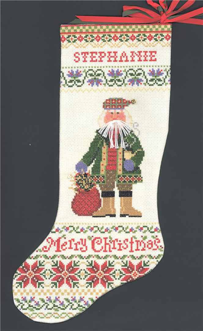 A stitched preview of the counted cross stitch pattern Merry Christmas Stocking by Sandra Cozzolino