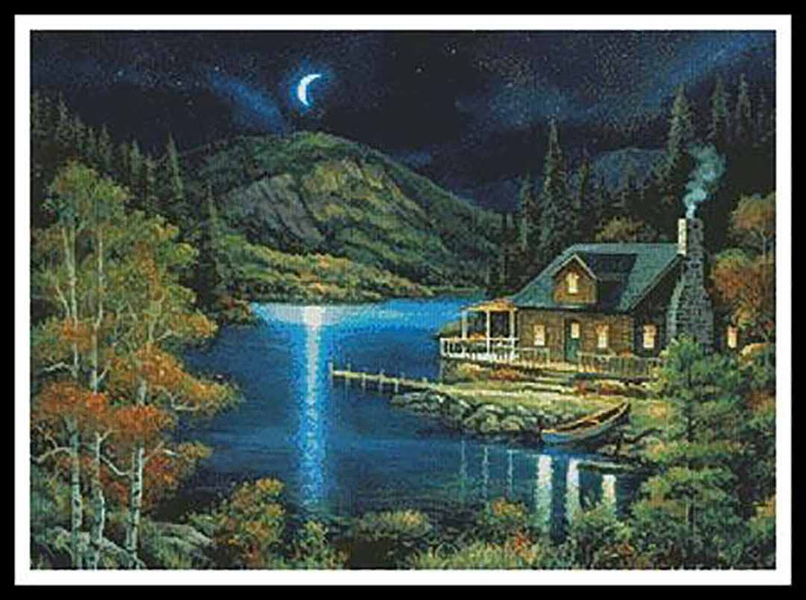 A stitched preview of the counted cross stitch pattern Moonlit Cabin by Artecy Cross Stitch