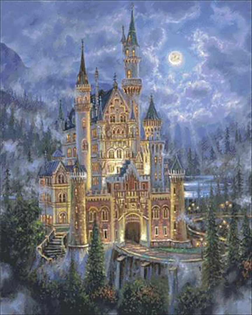 A stitched preview of the counted cross stitch pattern Moonlit Castle by Charting Creations