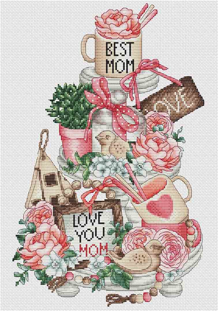 A stitched preview of the counted cross stitch pattern Mother's Day On Platter by Les Petites Croix De Lucie