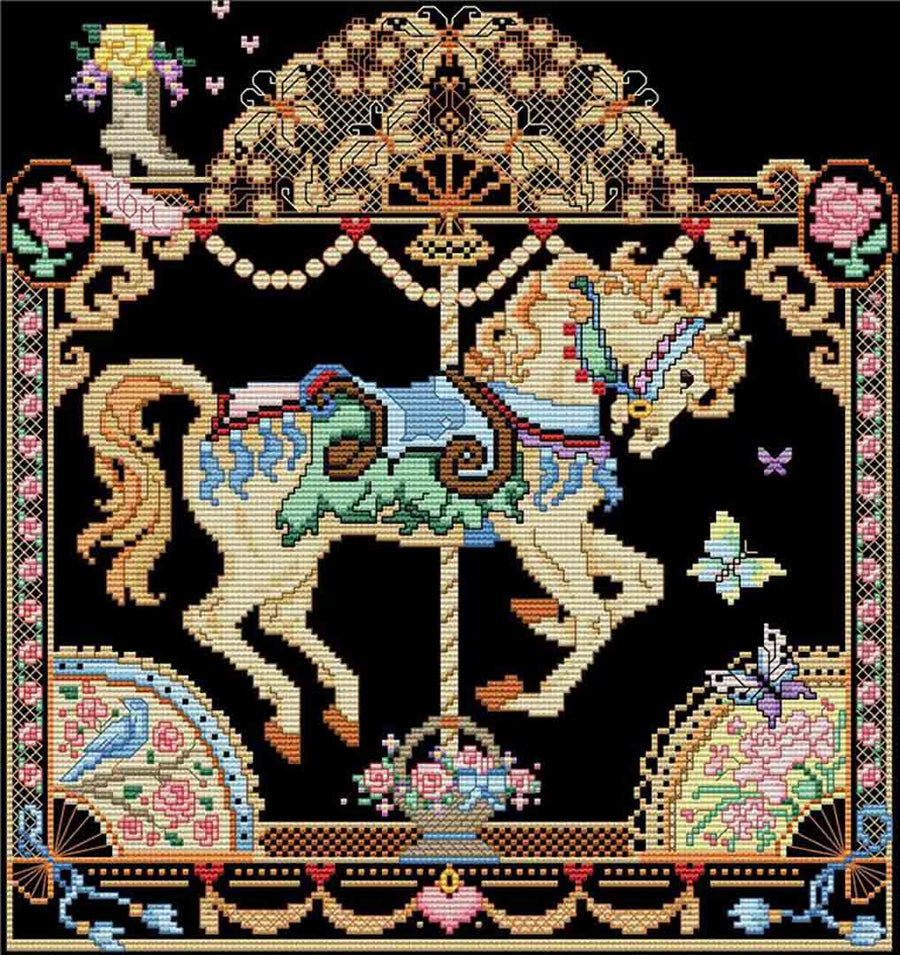 A stitched preview of the counted cross stitch pattern Mother's May Fancy Carousel Horse by Kooler Design Studio