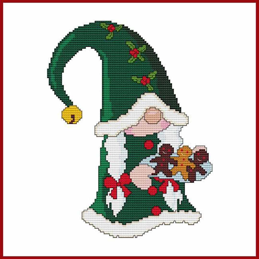 A stitched preview of the counted cross stitch pattern Ms. Christmas Cookie Gnome by Marcia Manning
