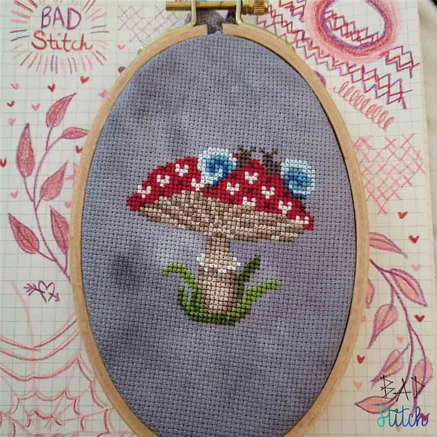 A stitched preview of the counted cross stitch pattern Mushroom Sweethearts by BAD Stitch