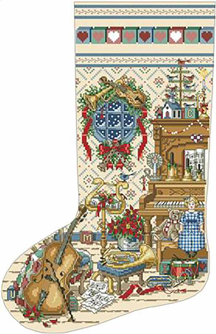 A stitched preview of the counted cross stitch pattern Music Room Heirloom Stocking by Kooler Design Studio