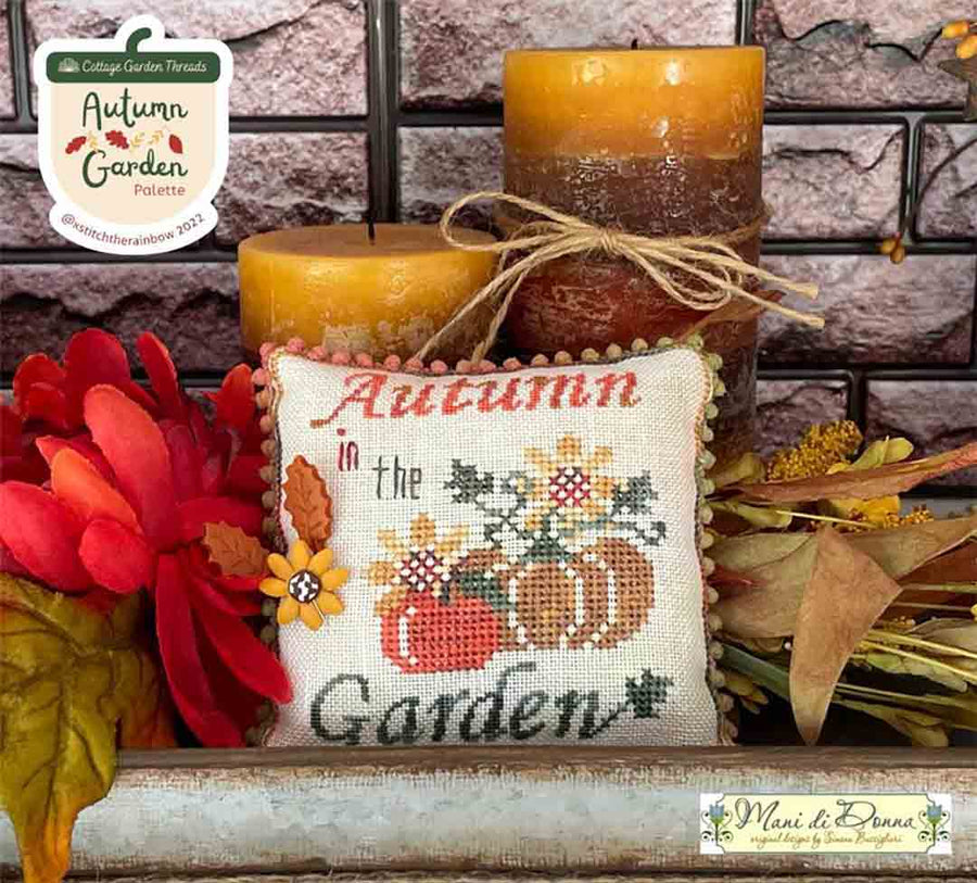 A stitched preview of the counted cross stitch pattern My Garden In Autumn by Mani di Donna Design