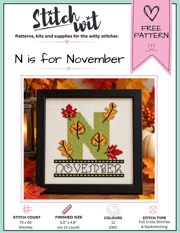 N is for November: Free Printable Counted Cross Stitch Pattern