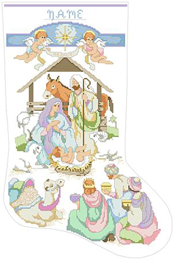 A stitched preview of the counted cross stitch pattern Nativity With Angels Stocking by Kooler Design Studio