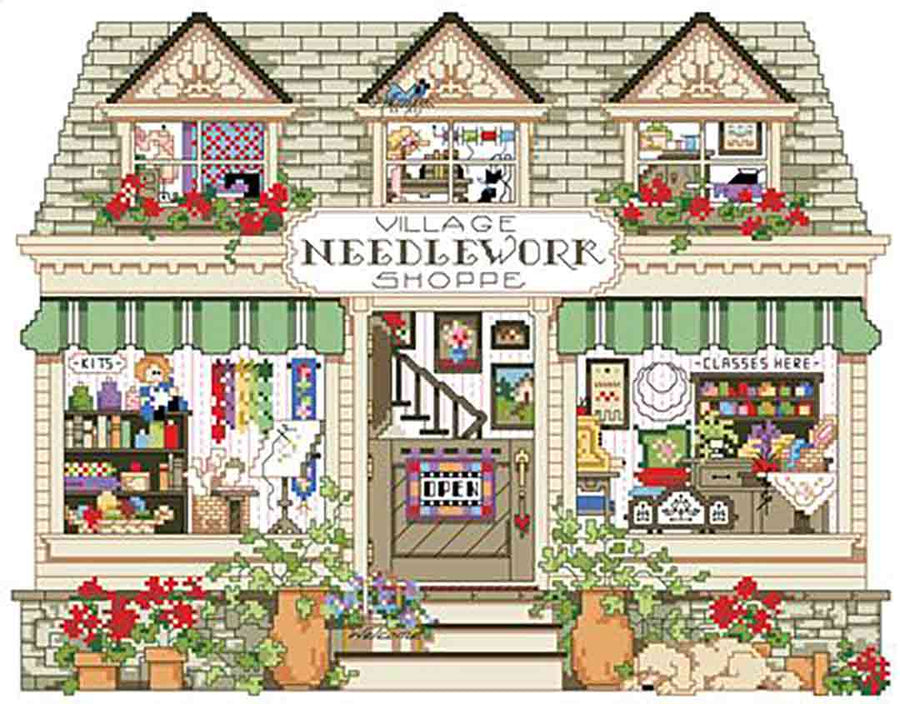 A stitched preview of the counted cross stitch pattern Needlepoint Shoppe by Kooler Design Studio