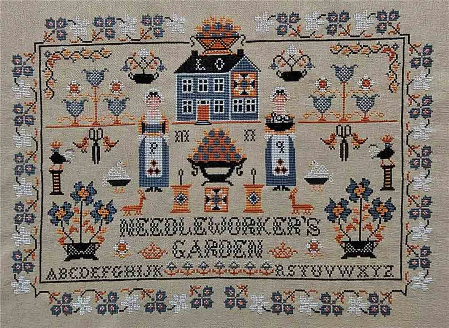 A stitched preview of the counted cross stitch pattern Needleworker's Garden Sampler by Twin Peak Primitives