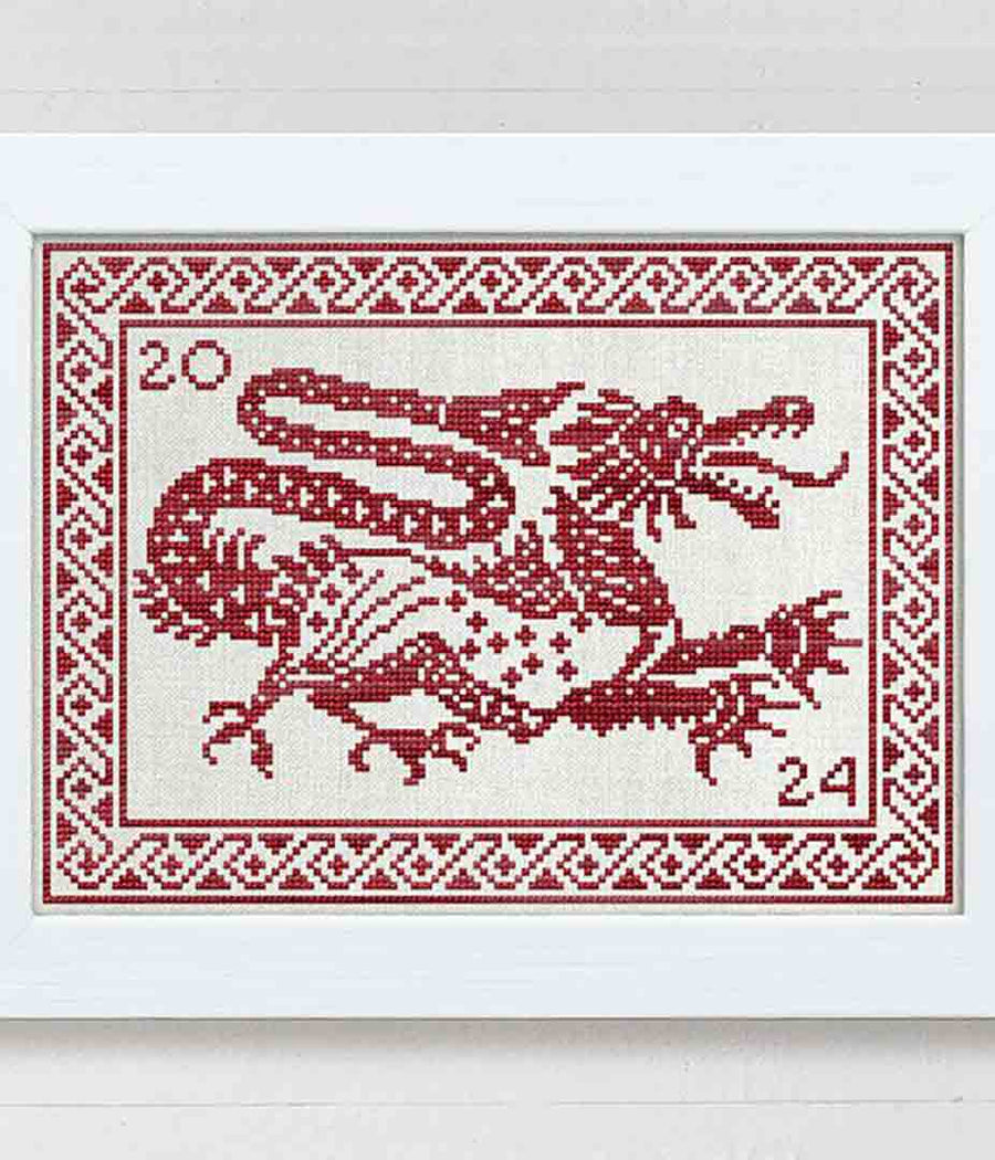A stitched preview of the counted cross stitch pattern Never Laugh At Live Dragons by Modern Folk Embroidery