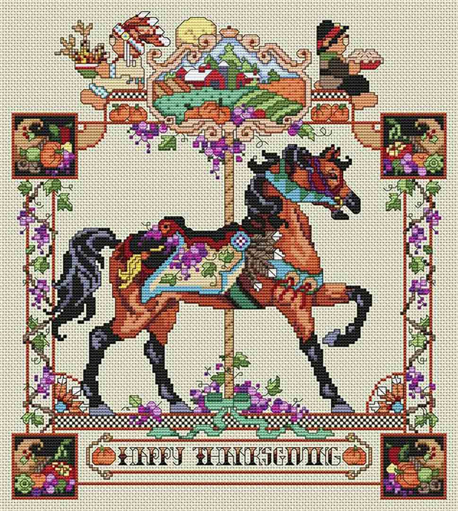 A stitched preview of the counted cross stitch pattern November O'Plenty Carousel Horse by Kooler Design Studio