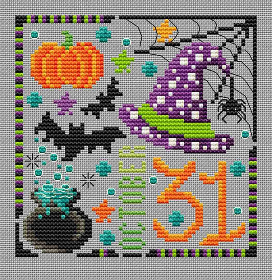 A stitched preview of the counted cross stitch pattern October 31st by Erin Elizabeth Designs