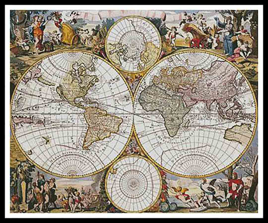 A stitched preview of the counted cross stitch pattern Old World Map Large by Artecy Cross Stitch