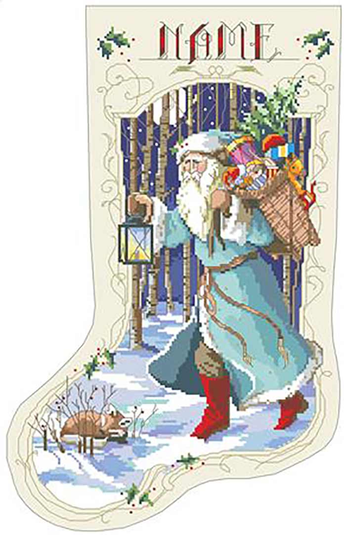 A stitched preview of the counted cross stitch pattern Old Father Winter Christmas Stocking by Kooler Design Studio