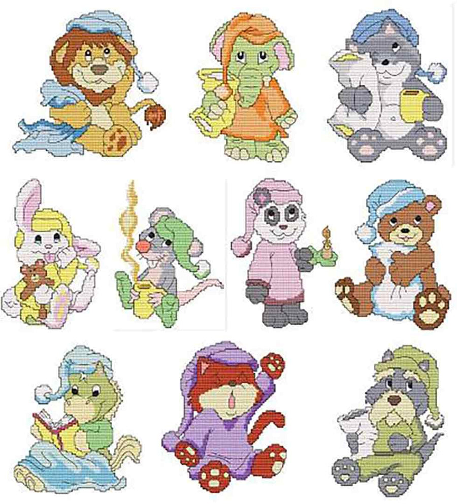 A stitched preview of the counted cross stitch pattern PJ Critters by Marcia Manning