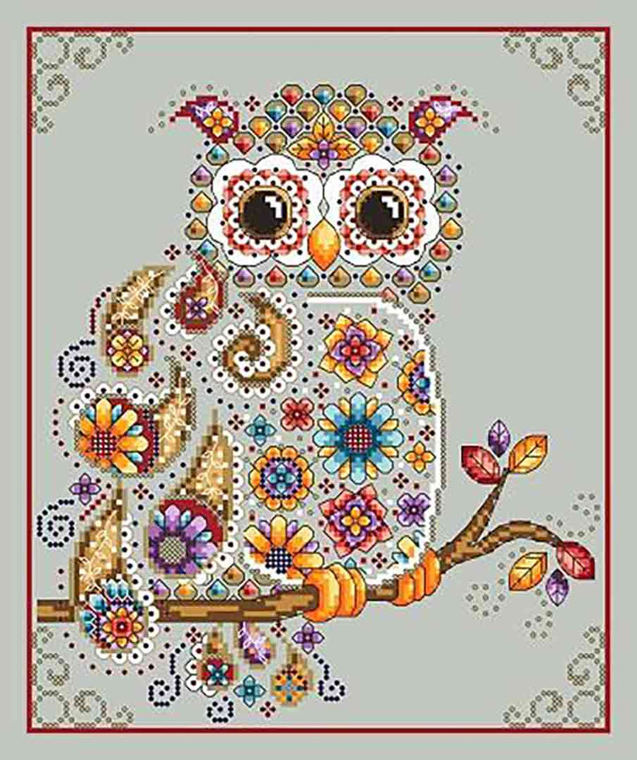 A stitched preview of the counted cross stitch pattern Paisley Owl by Shannon Christine Designs