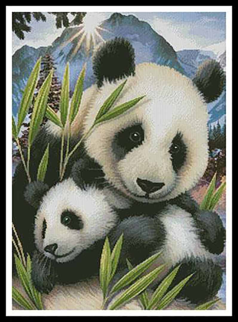 A stitched preview of the counted cross stitch pattern Panda and Cub by Artecy Cross Stitch