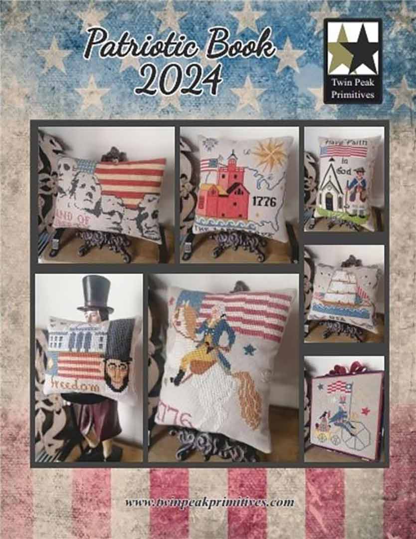 A stitched preview of the counted cross stitch pattern Patriotic Book 2024 by Twin Peak Primitives