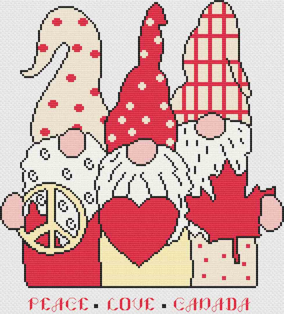 A stitched preview of the counted cross stitch pattern and kit Peace Love Canada by Stitch Wit