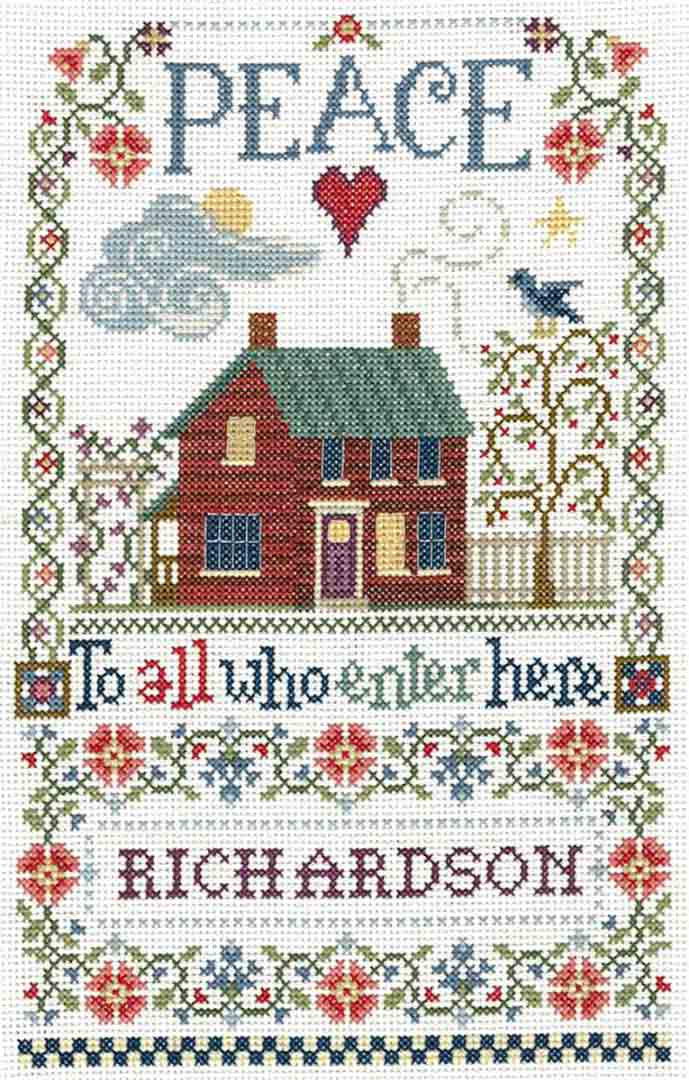 A stitched preview of the counted cross stitch pattern Peace To All Sampler by Sandra Cozzolino