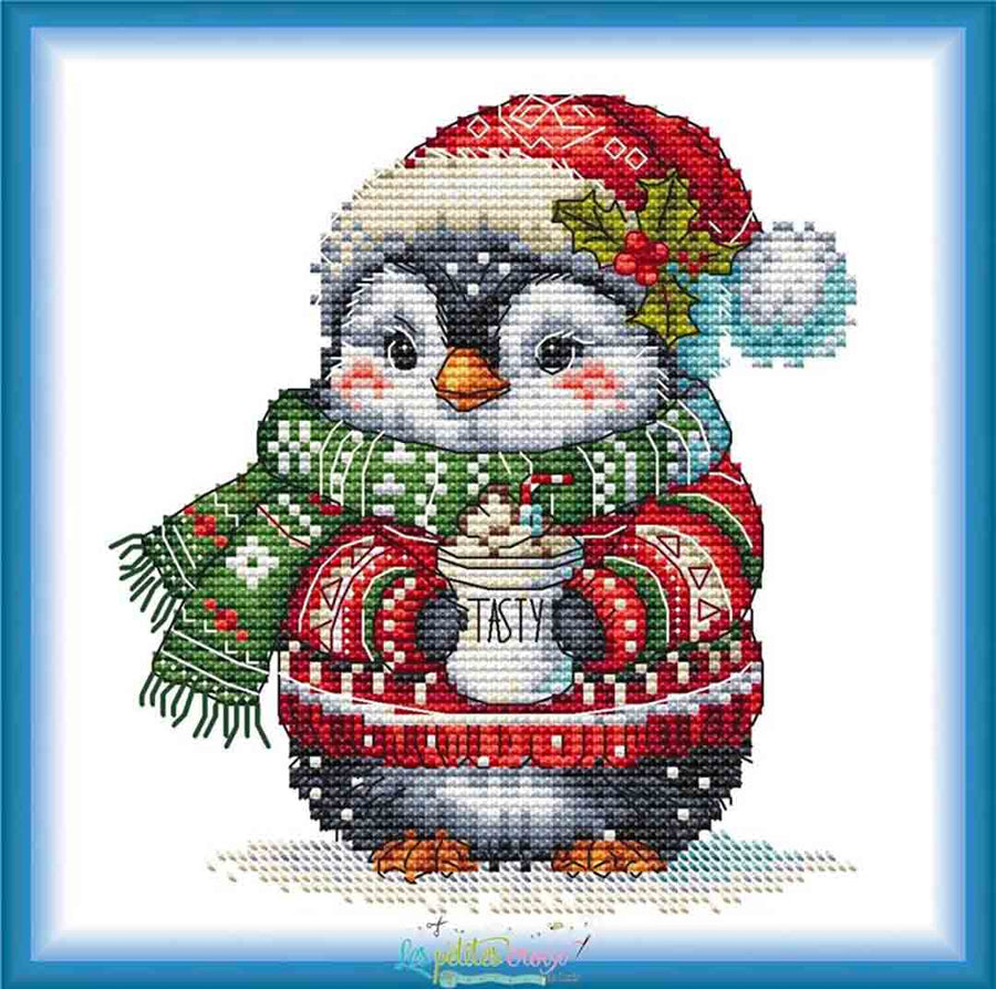 A stitched preview of the counted cross stitch pattern Penguin With His Chocolate by Les Petites Croix De Lucie