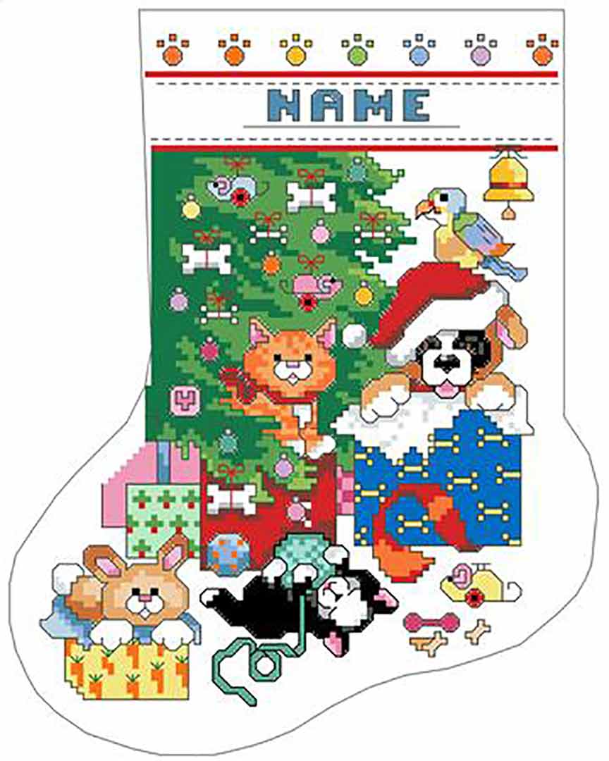 A stitched preview of the counted cross stitch pattern Pet Christmas Stocking by Kooler Design Studio