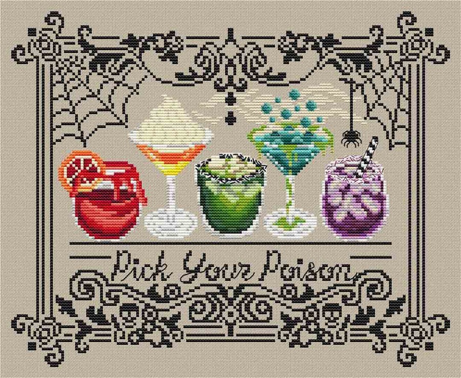 A stitched preview of the counted cross stitch pattern Pick Your Poison by Erin Elizabeth Designs