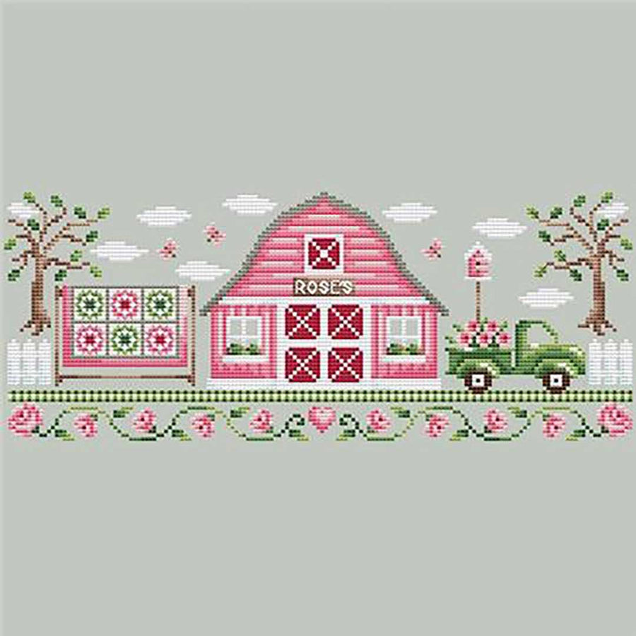 A stitched preview of the counted cross stitch pattern Pink Barn by Shannon Christine Designs
