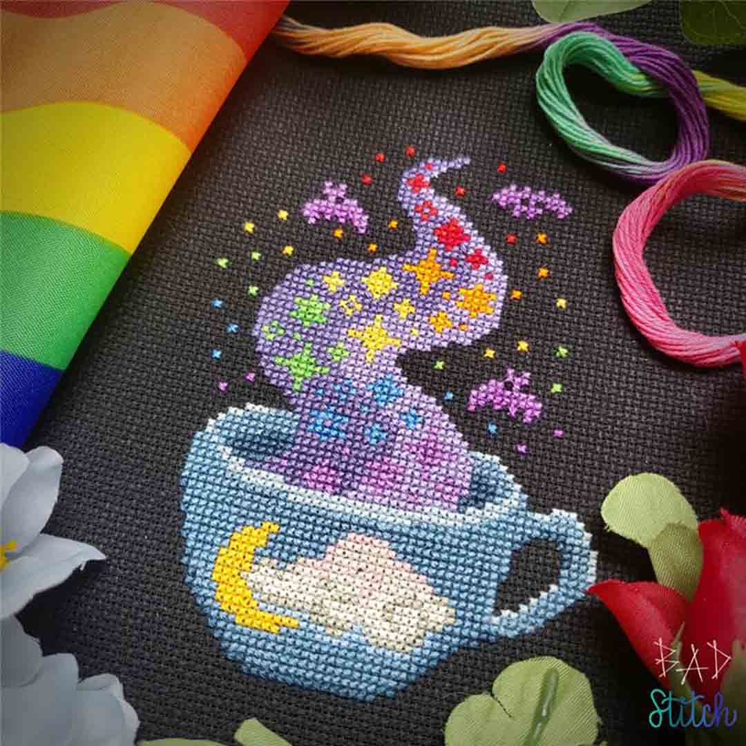 A stitched preview of the counted cross stitch pattern Pride Tea by BAD Stitch