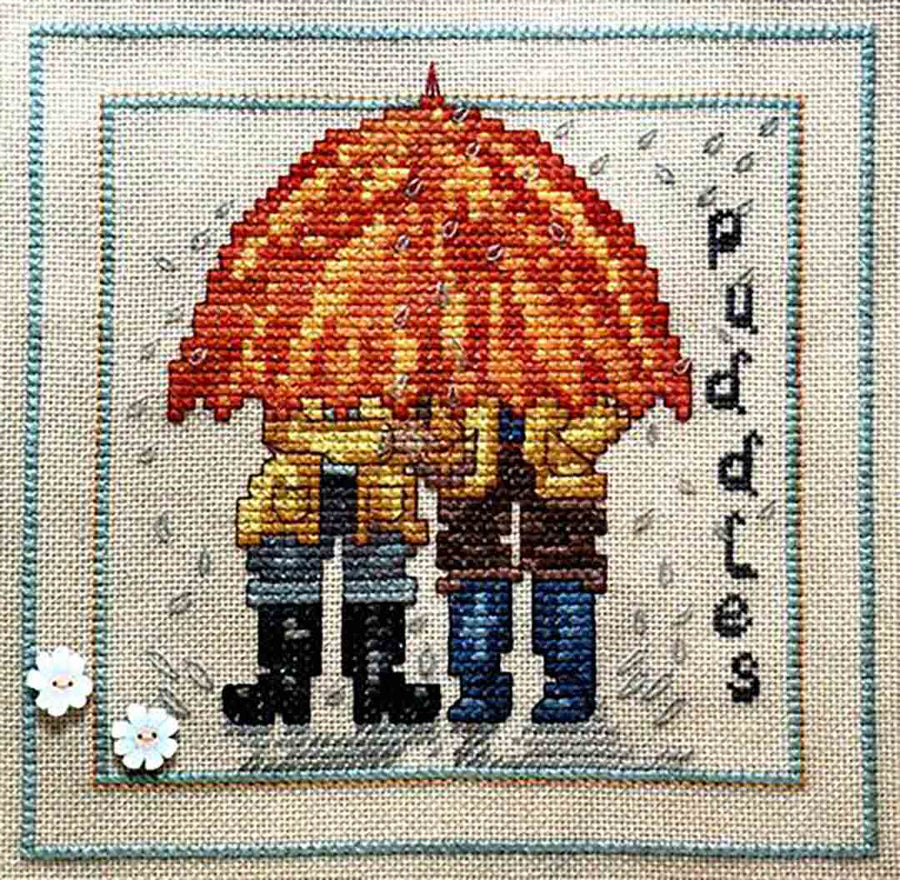 A stitched preview of the counted cross stitch pattern Puddles! by Janis Lockhart