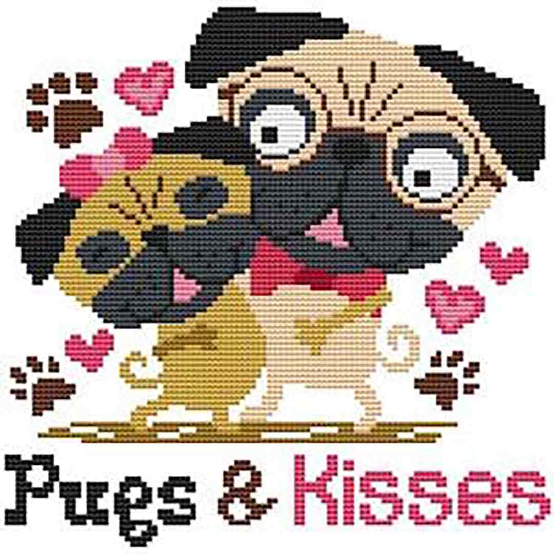 A stitched preview of the counted cross stitch pattern Pugs And Kisses by Marcia Manning