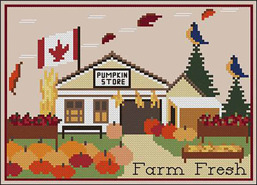 A stitched preview of the counted cross stitch pattern Pumpkin Store Canada by Twin Peak Primitives