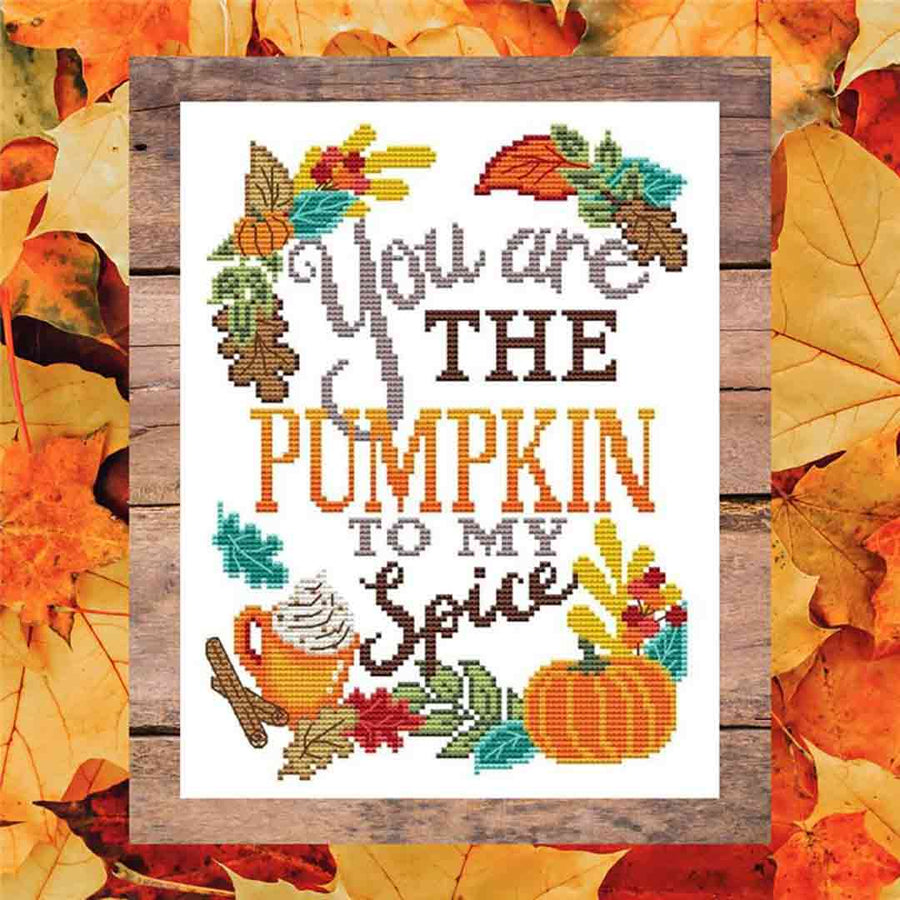 A stitched preview of the counted cross stitch pattern Pumpkin To My Spice by Erin Elizabeth Designs
