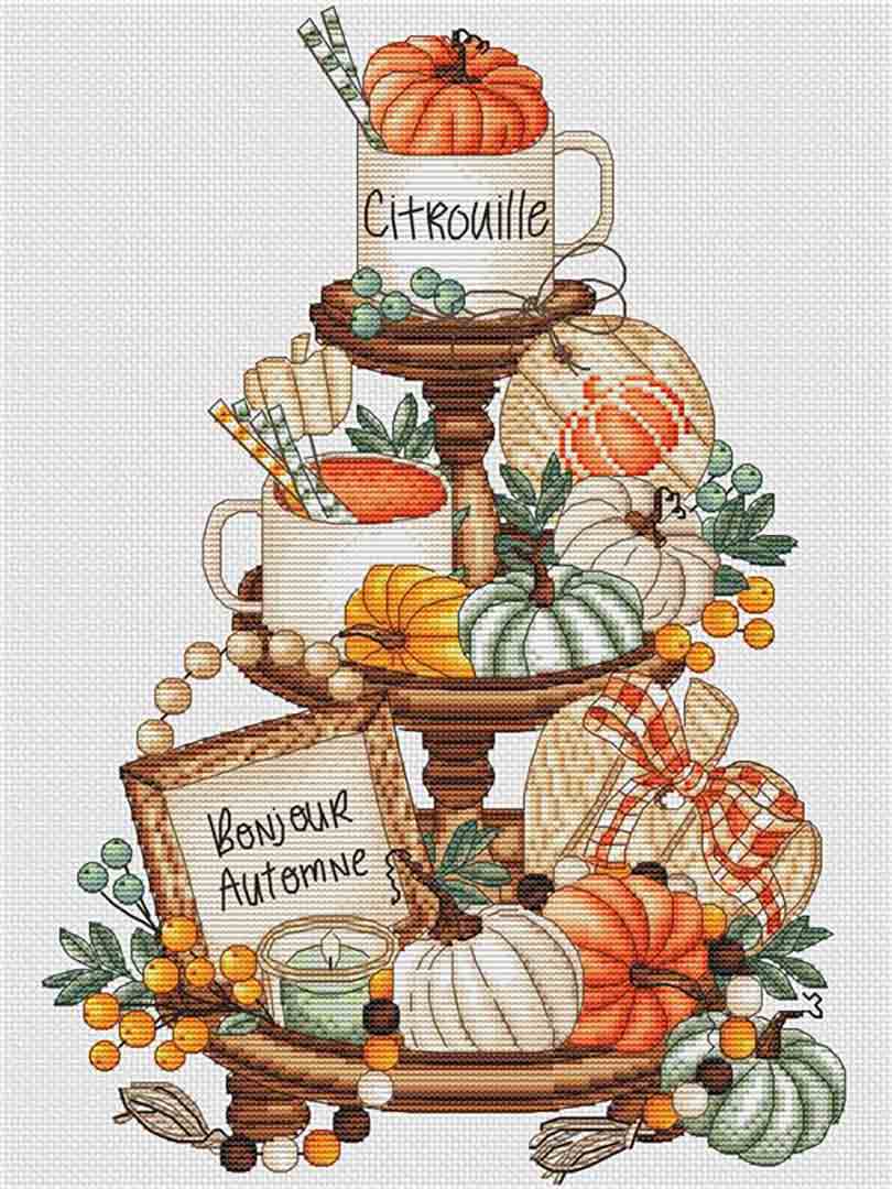 A stitched preview of the counted cross stitch pattern Pumpkins On Platter by Les Petites Croix De Lucie