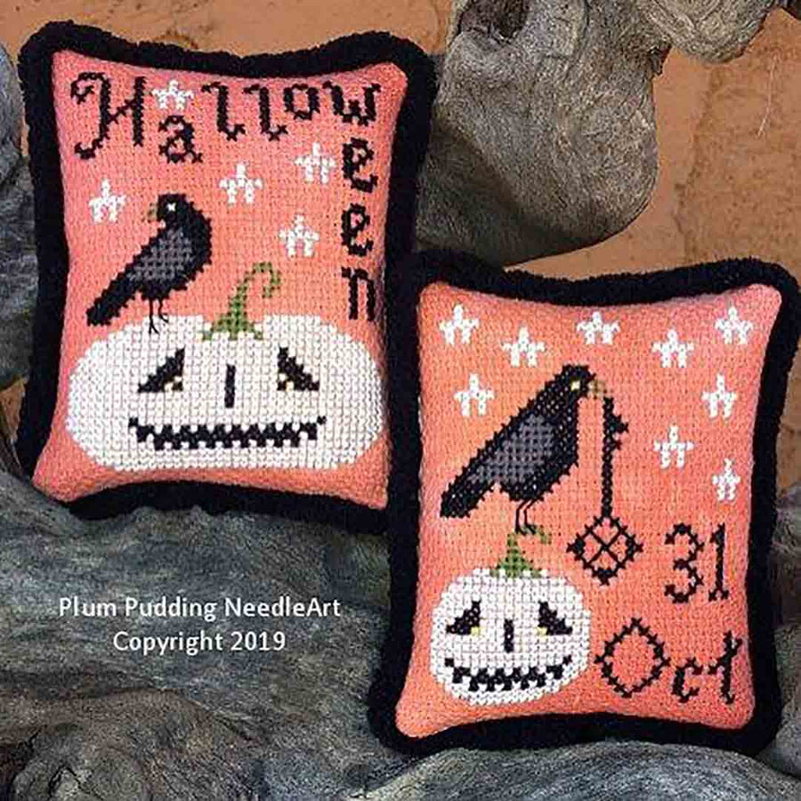 A stitched preview of the counted cross stitch pattern Pumpkins'n Crows by Plum Pudding NeedleArt