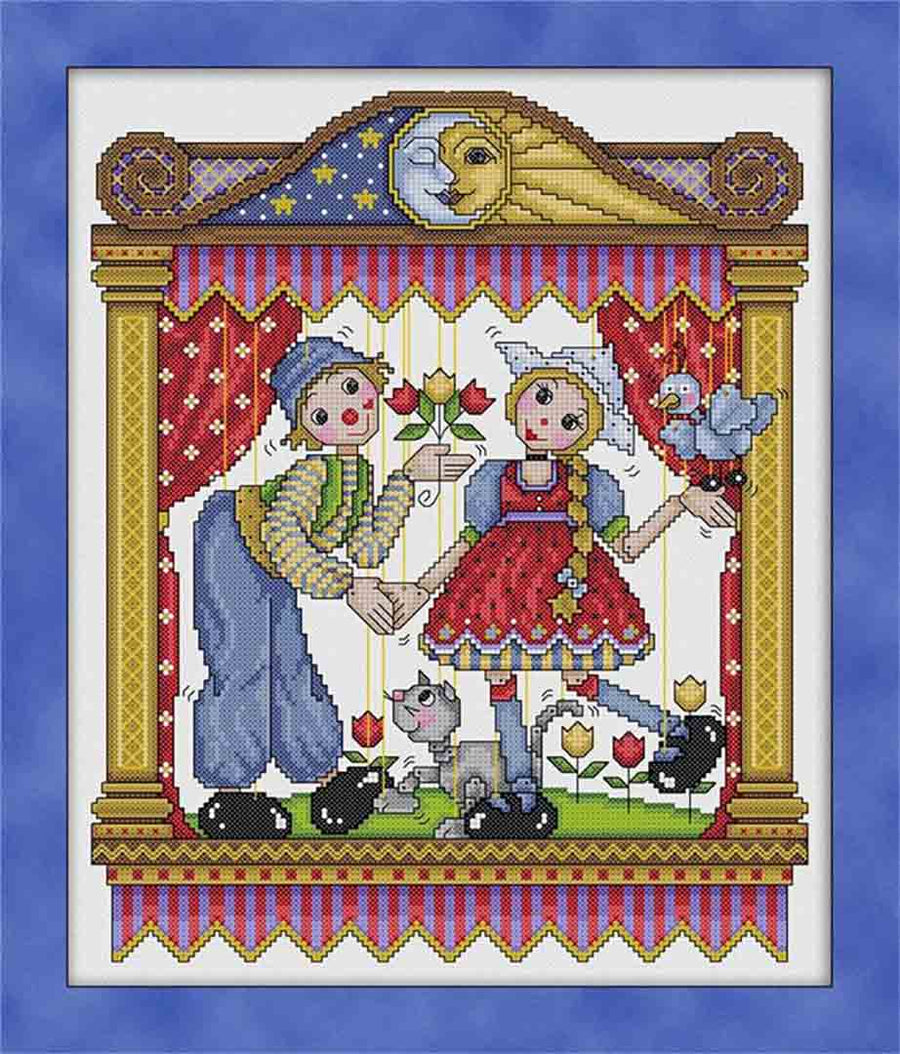 A stitched preview of the counted cross stitch pattern Puppet Theater by Joan A Elliott