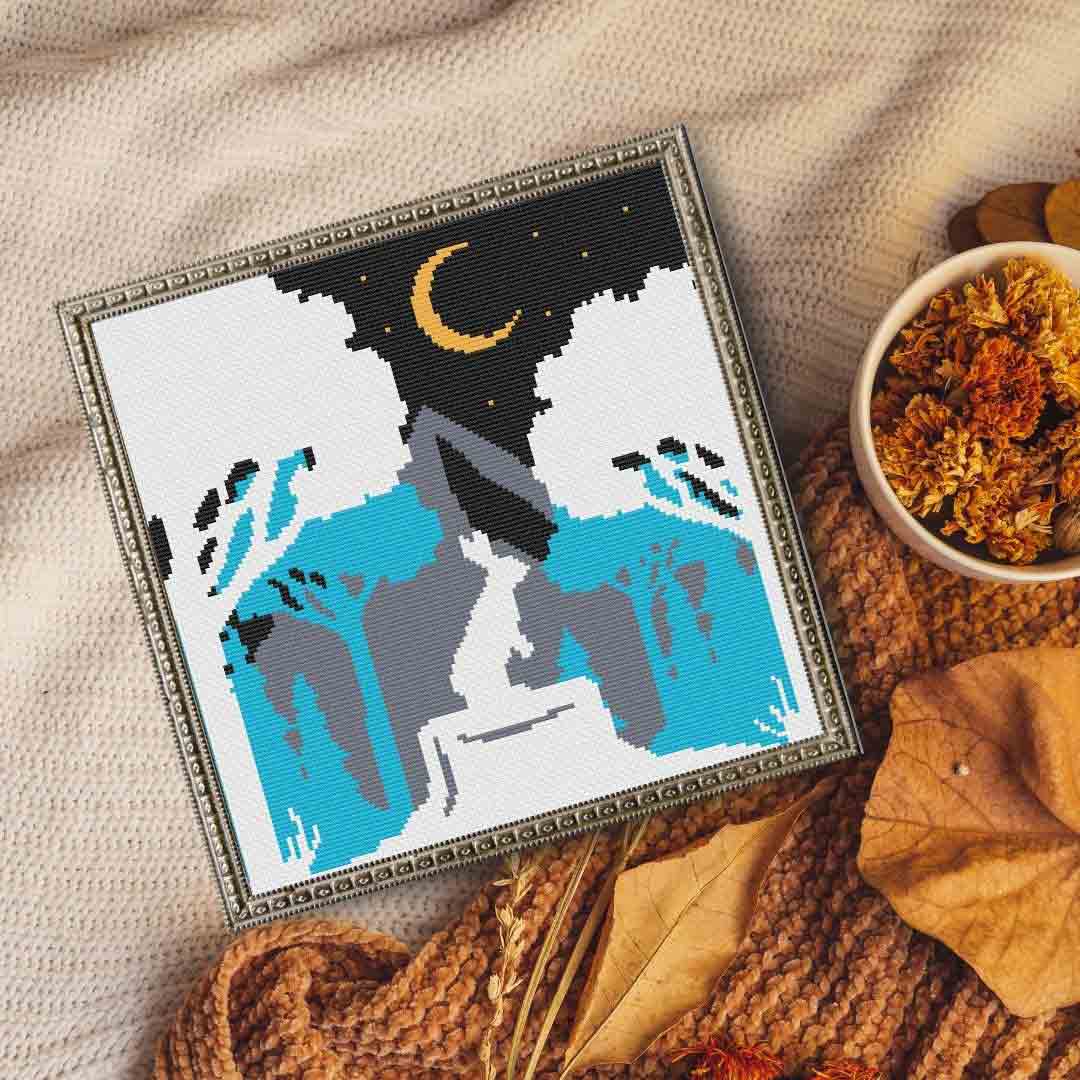 A stitched preview of the counted corss stitch pattern and kit "Rabbit At Night" by Stitch Wit