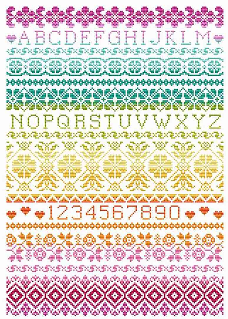 A stitched preview of the counted cross stitch pattern Rainbow Band Sampler by Shannon Christine Designs