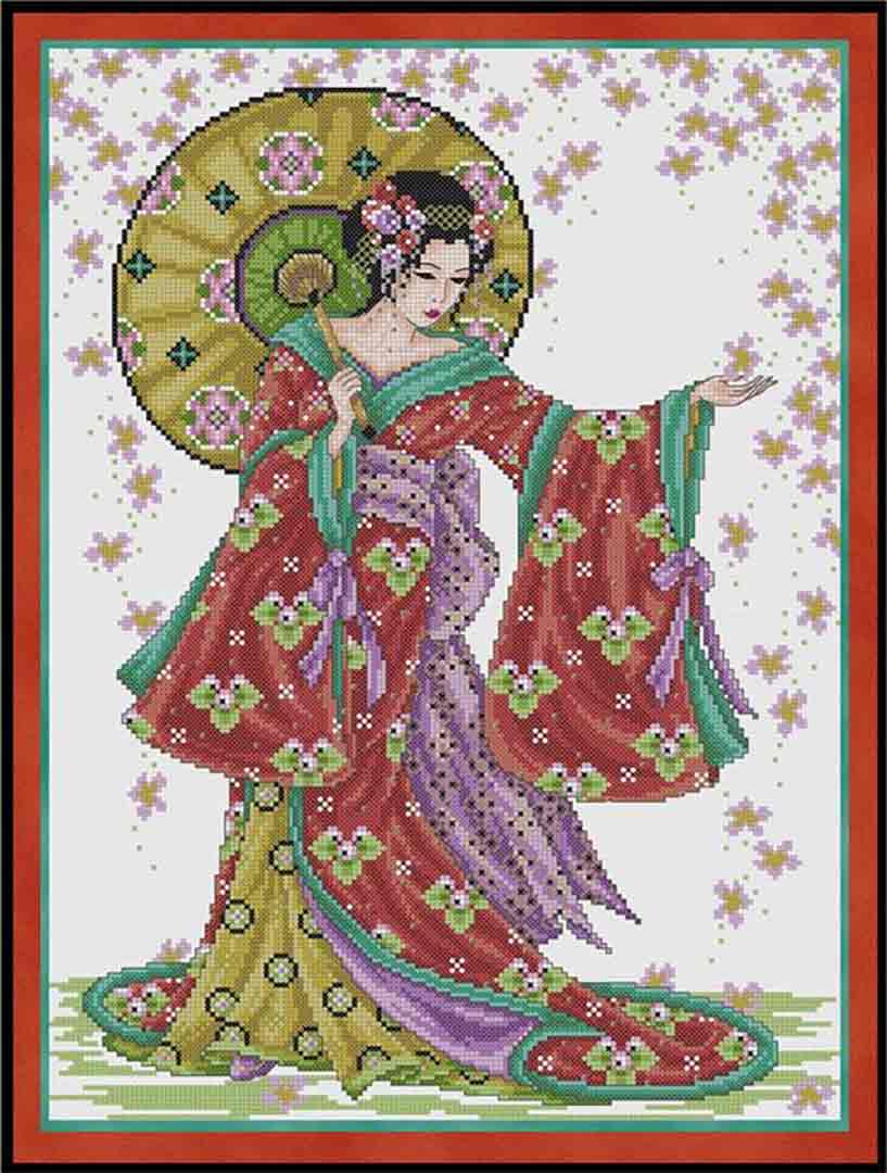A stitched preview of the counted cross stitch pattern Red Geisha by Joan A Elliott