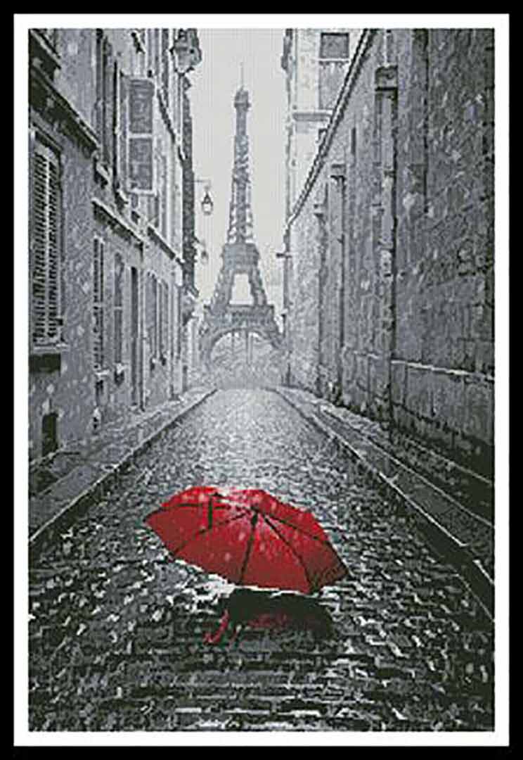A stitched preview of the counted cross stitch pattern Red Umbrella In Paris by Artecy Cross Stitch