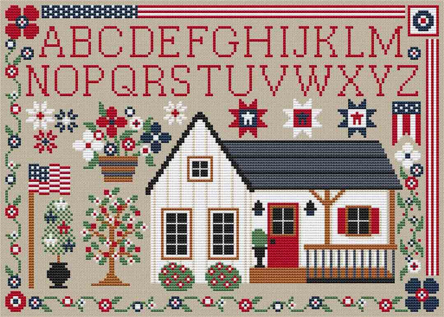 A stitched preview of the counted cross stitch pattern Red, White And Blue Sampler by Erin Elizabeth Designs