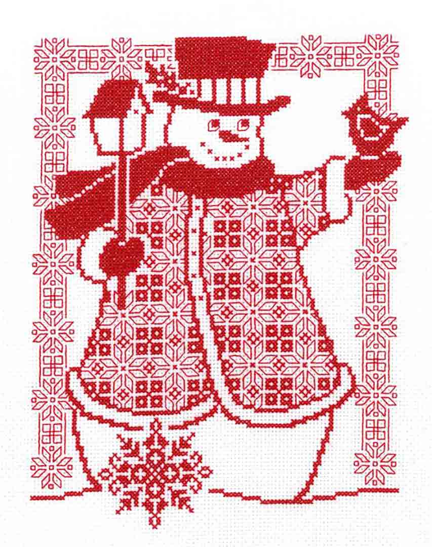 A stitched preview of the counted cross stitch pattern Redwork Snowman by Diane Arthurs