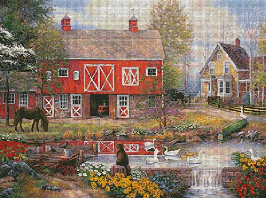 A stitched preview of the counted cross stitch pattern Reflections On Country Living by Artecy Cross Stitch