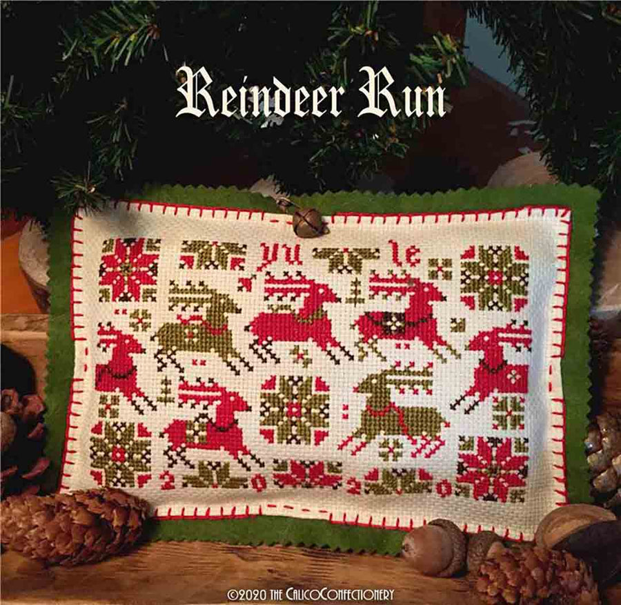 A stitched preview of the counted cross stitch pattern Reindeer Run by The Calico Confectionery